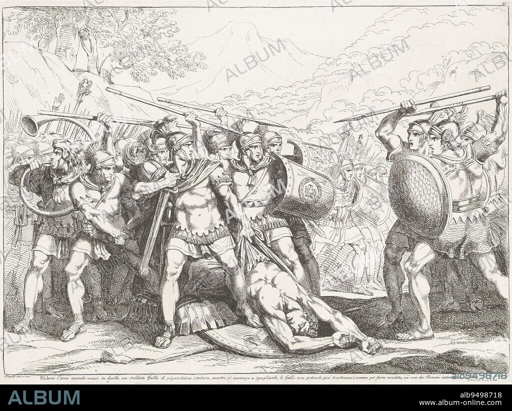 Valerius Corvus strips Gallic soldier of armor, Bartolomeo Pinelli, 1819, Valerius Corvus strips a defeated Gallic soldier of his armor. In revenge, the Gauls attack, but are defeated by the Roman army., print maker: Bartolomeo Pinelli, (mentioned on object), Bartolomeo Pinelli, (mentioned on object), Rome, 1819, paper, etching, h 315 mm × w 424 mm.