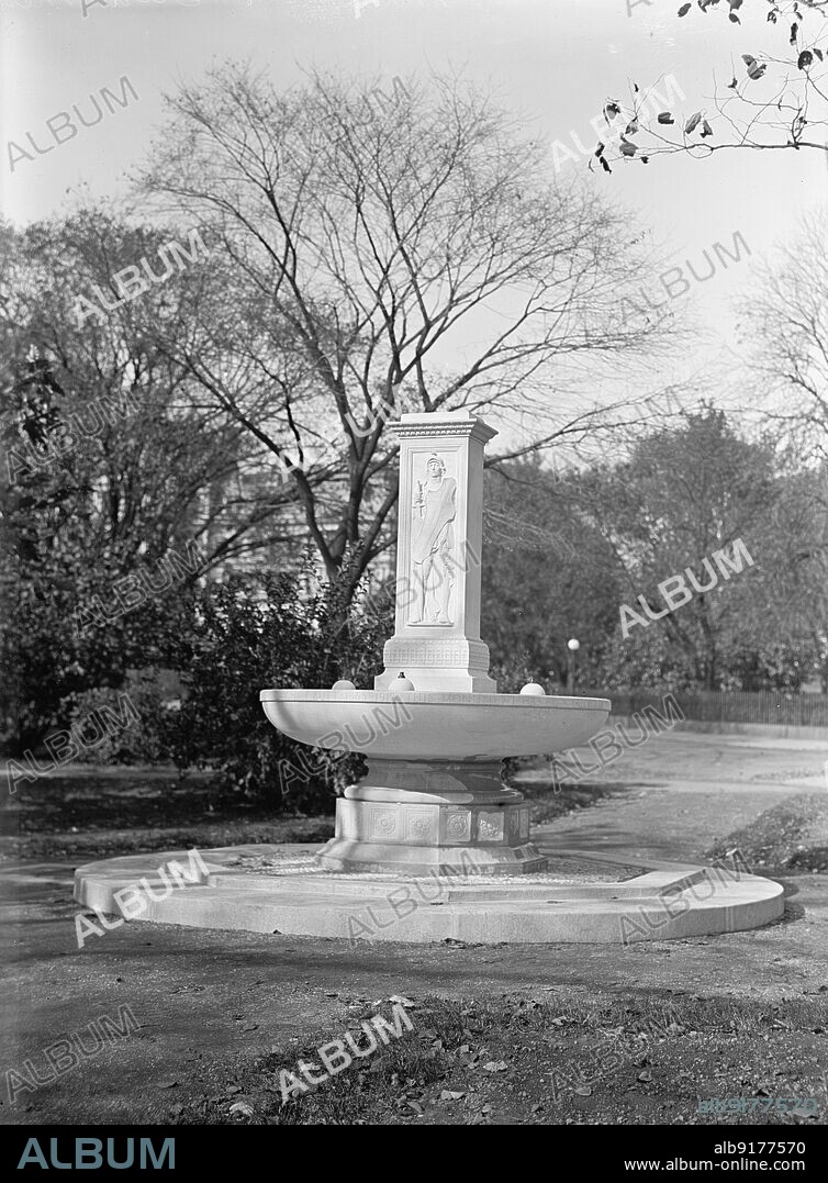 HARRIS & EWING. Fountain In Memory of Butt And Millet, South of White House, Washington DC, 1912. The Butt-Millet Memorial Fountain commemorates two men who died on the Titanic: Archibald Willingham Butt was Military Aide to President Taft. His close friend and housemate Francis Davis Millet was a journalist and painter. There is some speculation that Butt and Millet were lovers. The fountain was designed by Thomas Hastings, with bas-reliefs by Daniel Chester French.