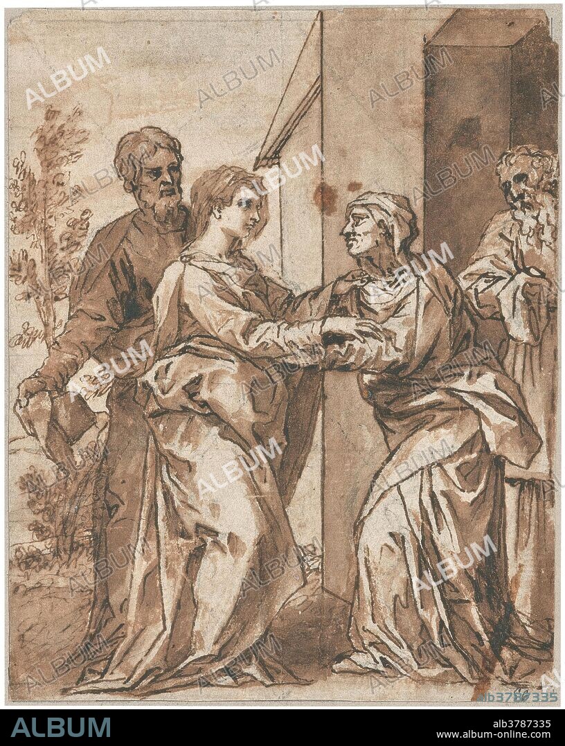 ANONYME. Anonymous (Copy Cano, Alonso) / 'The Visitation'. XVII century. Grey-brown wash, Pencil on yellow laid paper.