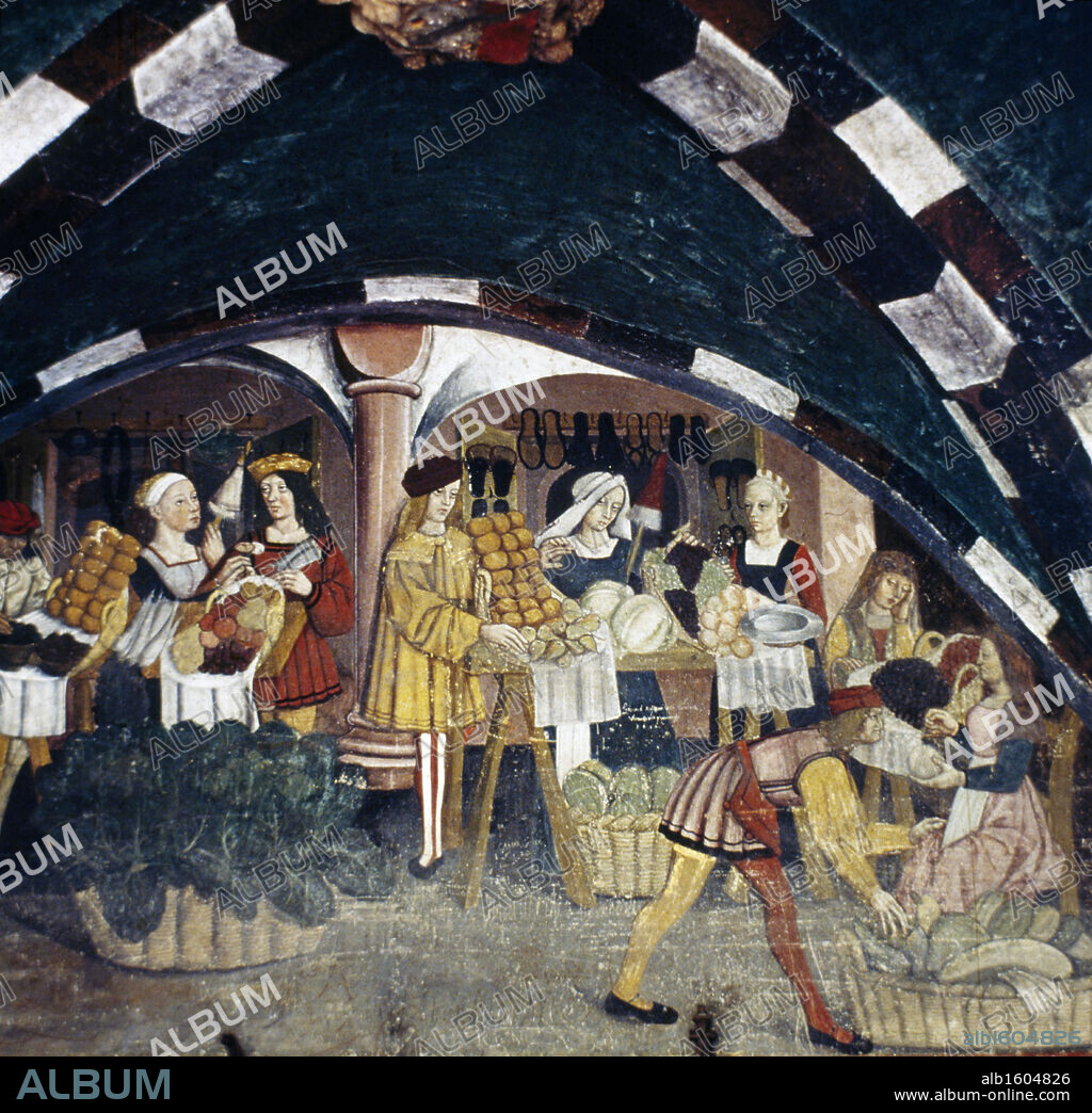 Medieval Scene - Marketplace   Artist Unknown  Fresco  Castle at Issogne, Valle d'Aosta, Italy.