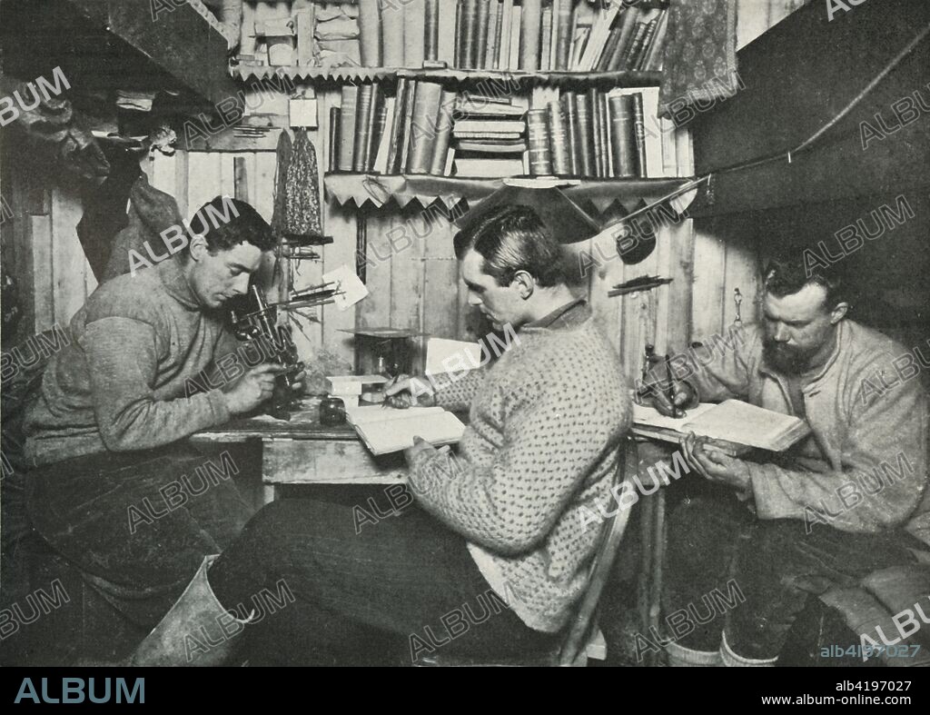 'Debenham, Gran, and Taylor in their Cubicle', 18 May 1911, (1913). Geologists Frank Debenham (1883-1965) and T Griffith Taylor (1880-1963), and ski expert Tryggve Gran (1888-1980). The final expedition of British Antarctic explorer Captain Robert Falcon Scott (1868-1912) left London on 1 June 1910 bound for the South Pole. The Terra Nova Expedition, officially the British Antarctic Expedition (1910-1913), included a geologist, a zoologist, a surgeon, a photographer, an engineer, a ski expert, a meteorologist and a physicist among others. Scott wished to continue the scientific work that he had begun when leading the Discovery Expedition to the Antarctic in 1901-04. He also wanted to be the first to reach the geographic South Pole. Scott, accompanied by Dr Edward Wilson, Captain Lawrence Oates, Lieutenant Henry Bowers and Petty Officer Edgar Evans, reached the Pole on 17 January 1912, only to find that the Norwegian expedition under Amundsen had beaten them to their objective by a month. Delayed by blizzards, and running out of supplies, Scott and the remainder of his team died at the end of March. Their bodies and diaries were found eight months later. From Scott's Last Expedition, Volume I. [Smith, Elder & Co., London, 1913].