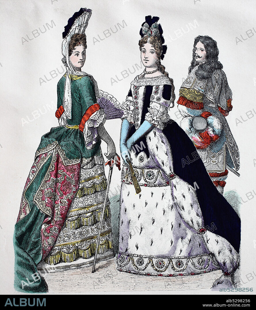 National costume, clothes, history of the costumes, national costume of the duchess of Portsmouth, England, in 1694, and Maria Anna von Bayern, Germany, behind it a man with the uniform of the palace guard, Volkstracht, Kleidung, Geschichte der Kostüme, Tracht der Herzogin von Portsmouth, 1694, und der Maria Anna von Bayern, Deutschland, dahinter ein Mann mit der Uniform der Palastgarde.