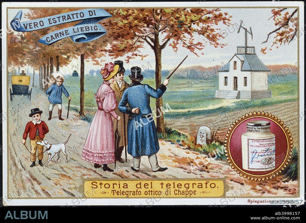 Claude Chappe (1763-1805), French engineer and inventor, c1900. An artist's impression of Chappe 's aerial telegraph semaphore system in use. It was widely used particularly in France and its colonies until c1950. Liebig trade card issued c1900.