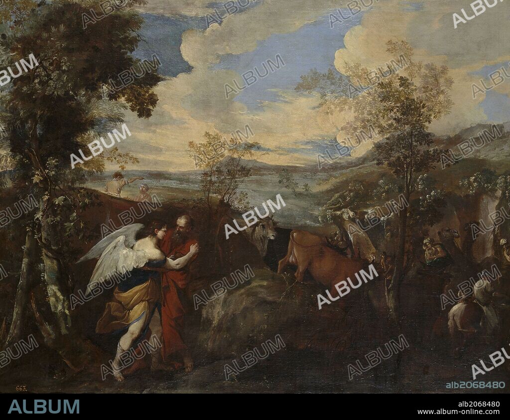 Andrea di Lione / 'Lucha de Jacob con el ángel', Antes de 1670, Escuela Italiana, Óleo sobre lienzo, Lienzo, 98 cm x 125 cm, P00239.