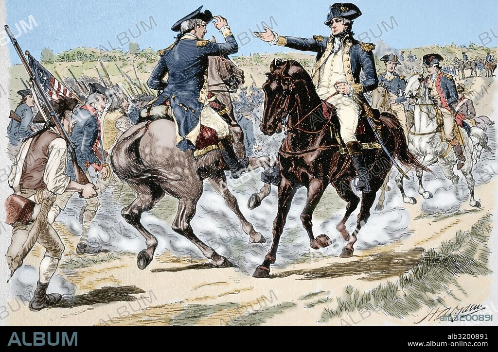 American Revolutionary War (1775-1783). Charles Lee (1732-1782), General of the Continental Army and George Washington (1732-1799), commander-in-Chief of the Continental Army. Lee and Washington into direct confrontation during the Battle of Monmouth (1778). Engraving by H. A. Ogden. The American Revolution. Colored.