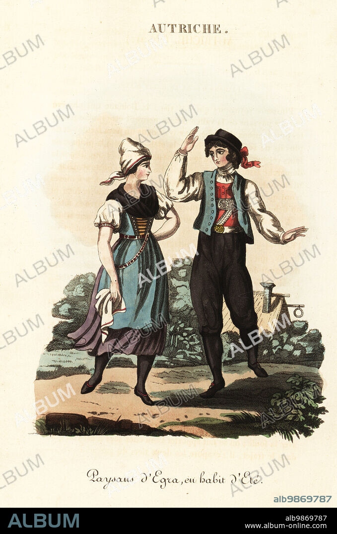 Peasants of Cheb or Eger, Bohemia (Czech Republic), in summer dress, 18th century. She wears a kerchief tied on her head, sleeveless bodice, petticoat, blue apron. Paysans d'Egra en habit d'ete. Handcoloured copperplate engraving after an illustration by William Alexander from J-B. Eyries L'Autriche: Costumes, Moeurs et Usages des Autrichiens, Austria: Costumes, Manners and Mores of the Austrians, Librairie de Gide Fils, Paris, 1823. Jean-Baptiste Eyries (1767-1846) was a French geographer, author and translator.