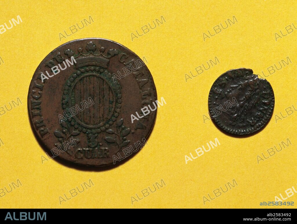 HISTORIA DE ESPAÑA. SIGLO XIX. "TRES CUARTOS". Moneda acuñada en Barcelona?, durante el reinado de la reina ISABEL II de España (1830-1904). Acuñada en 1846. Reverso. "DINE". Acuñada en Barcelona?, en tiempos de CARLOS III (1716-1788). Reverso. Instituto Municipal de Historia de Barcelona. Numismática. Cataluña.
