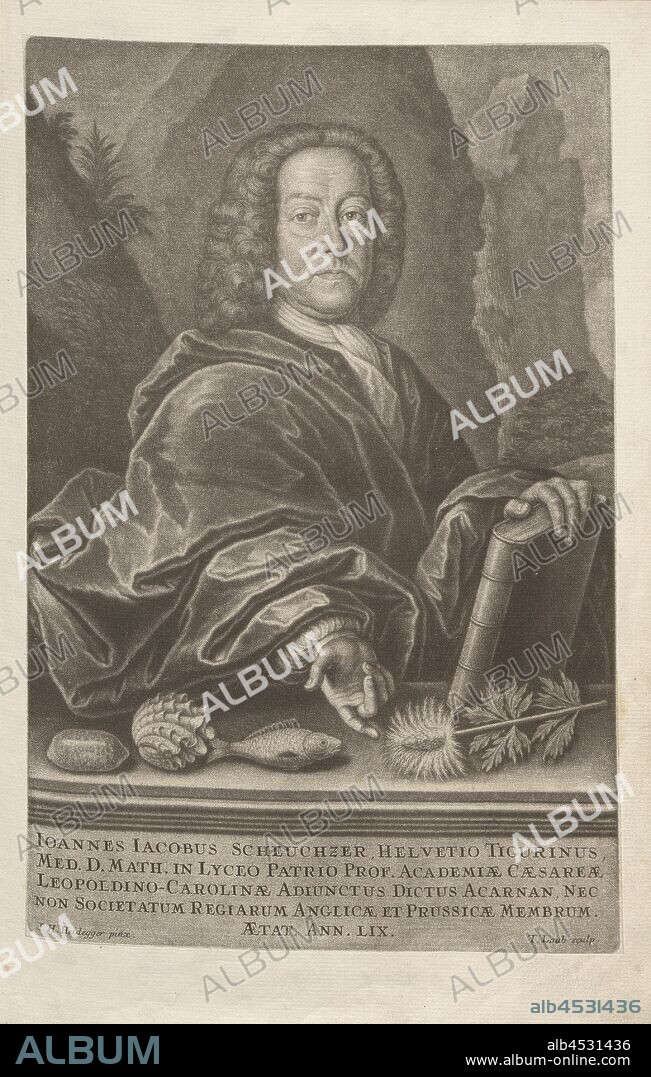 Joannes Jacobus Scheuchzer, Portrait of Johann Jakob Scheuchzer, copperplate engraving, frontispiece, Heidegger, Johann (Hans) Ulrich (pinx.); Laub, Tobias (sculp.), 1731, Johann Jakob Scheuchzer: Kupfer-Bibel (...). Augspurg und Ulm: gedruckt bey Christian Ulrich Wagner, 1731-1735.