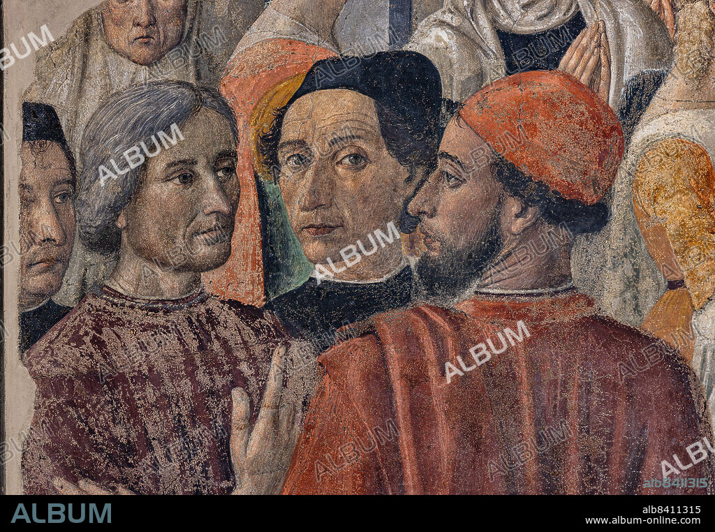 Chapel of the Miracle of the Sacrament: the character who looks at the observer is a "Self-portrait of Cosimo Rosselli", detail of the frescoes by Cosimo Rosselli (1484- 1488).. Florence, Church of St. Ambrose.