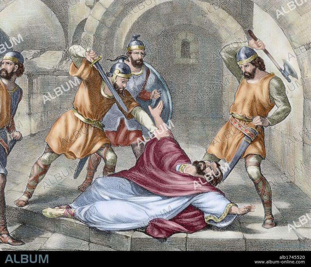 SAN HERMENEGILDO (m. Tarragona, 585). Príncipe visigodo, hijo del rey Leovigildo. Se convirtió al cristianismo. S. VI. "DEGOLLACION DE SAN HERMENEGILDO". Grabado coloreado del siglo XIX.