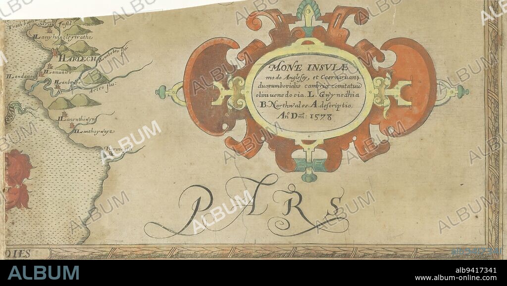 Cartouche with scrollwork, Mone insulae (title on object), A cartouche with scrollwork and title. Detail of a map of the historic counties of Anglesey and Caernarvonshire in northwestern Wales., print maker: anonymous, 1578 and/or 1579, paper, engraving, height 168 mm × width 290 mm.