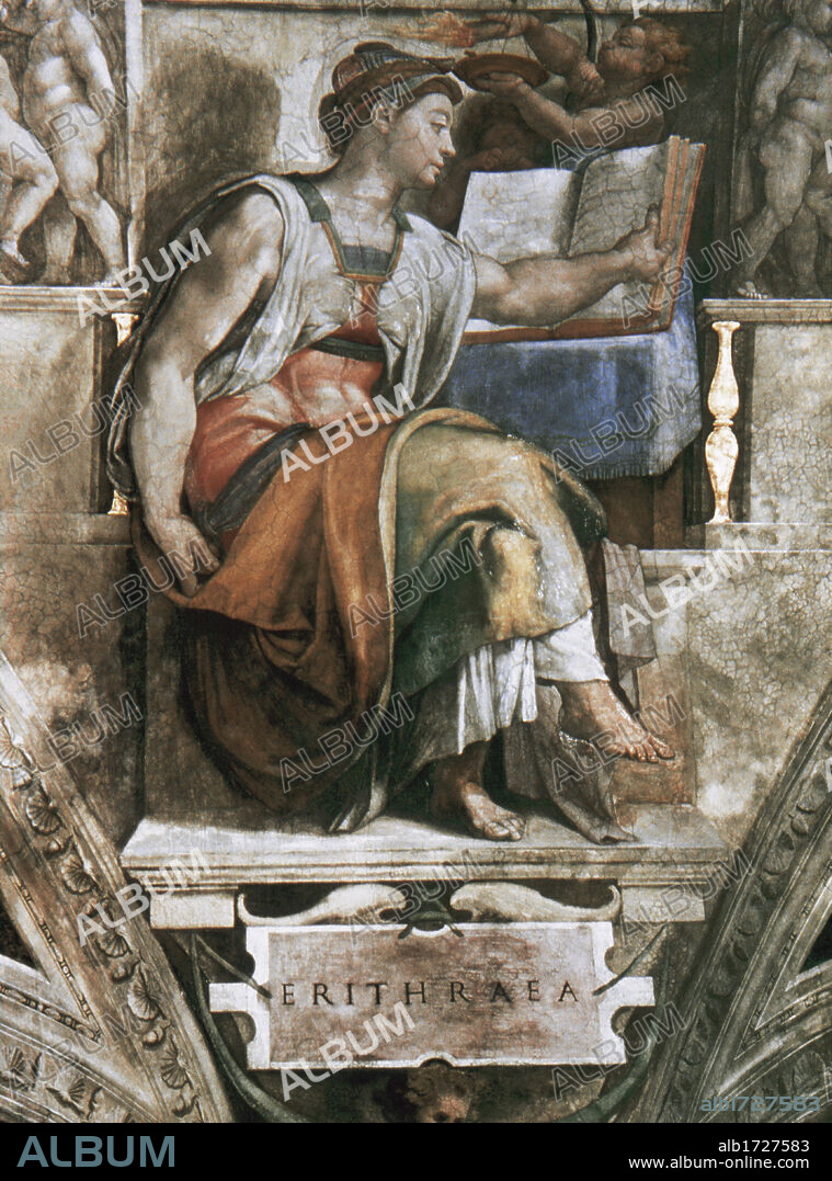 ARTE RENACIMIENTO. ITALIA. MIGUEL ANGEL (Michelangelo Buonarroti) (Caprese,1475-Roca,1564). Pintor, poeta escultor y arquitecto italiano. LA SIBILA ERITREA. Pintura que forma parte del conjunto de la Capilla Sixtina, obra encargada al artista en el año 1508 y realizada en el 1512. San Pedro del Vaticano.