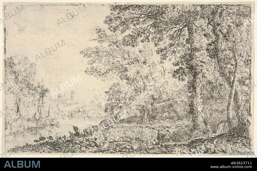A landscape with a monk and an angel in the center, a town to the left (The Vision). Artist: Claude Lorrain (Claude Gellée) (French, Chamagne 1604/5?-1682 Rome). Dimensions: sheet: 4 3/16 x 6 7/8 in. (10.7 x 17.4 cm). Date: ca.1630-40.