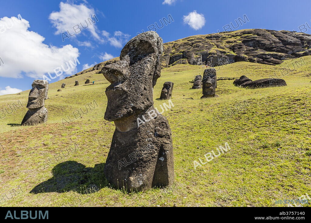 Rano Raraku, the quarry site for all moai statues on Easter Island (Isla de Pascua) (Rapa Nui), UNESCO World Heritage Site, Chile, South America.