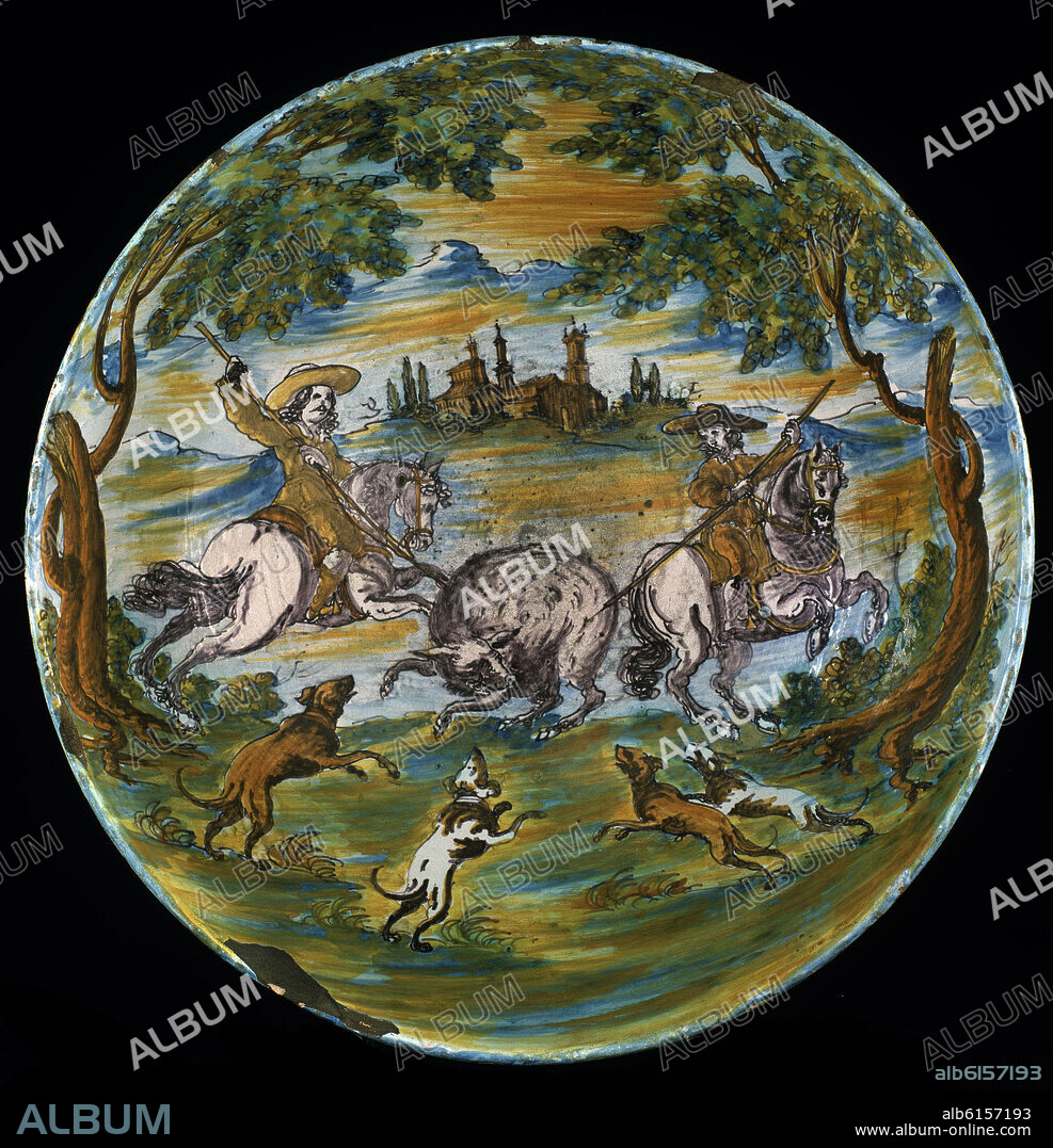 PLATO DE TALAVERA DE LA REINA - SIGLO XVII - CAZA DE JABALI CON LANZA.