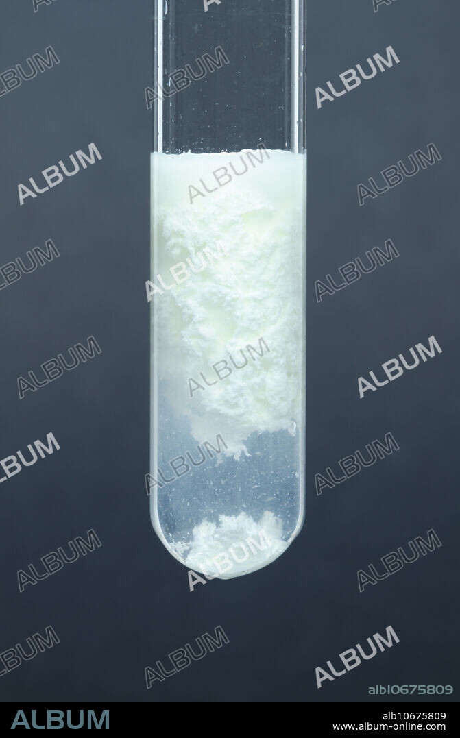 Silver carbonate precipitate. Sodium carbonate was added to a test tube containing silver nitrate. Both solutions were 0.5 M concentration. Silver carbonate precipitate has been formed as a result: AgNO3 + Na2CO3 -> Ag2CO3 + NaNO3. This is an example of a double displacement reaction.