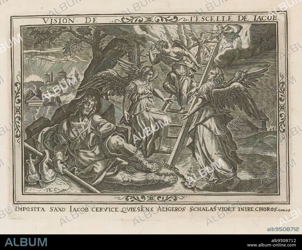 Jacob's ladder, Vision de l'Escelle de Jacob (title on object), History of Jacob and Esau (series title), Histoire de Esaeu et de Jacob (series title on object), Jacob lies asleep against a stone and dreams of a ladder reaching into heaven, along which angels ascend and descend. At the top of the ladder the tetragram as a symbol of God the Father. Below the representation is a reference in Latin to the Bible text in Gen. 28. Part of a series of 4 prints of the history of Jacob and Esau. Numbered lower right: 3. Part of an album of mainly Christian depictions., print maker: anonymous, after drawing by: Maerten de Vos, after print by: anonymous, 1580 - 1621, paper, engraving, height 137 mm × width 183 mm, height 298 mm × width 182 mm.