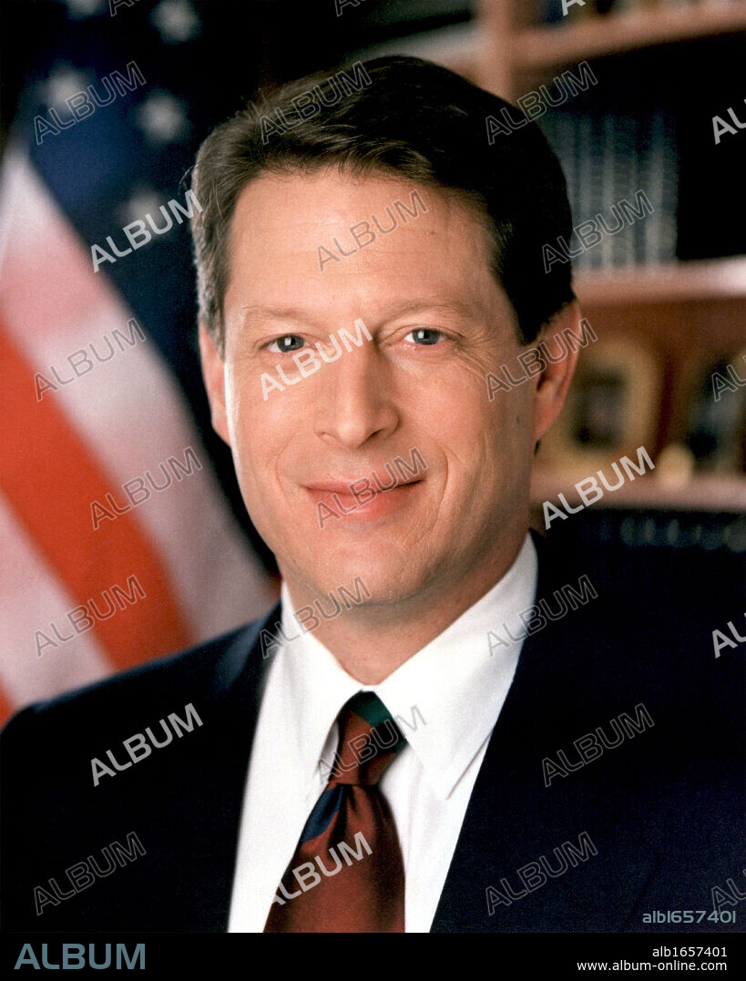 Albert Arnold 'Al' Gore, Jr. (born 1948) served as the 45th Vice-President of the United States 1993-2001 under President Bill Clinton. Head-and-shoulders portrait with stars-and-stripes in background. American Politician.