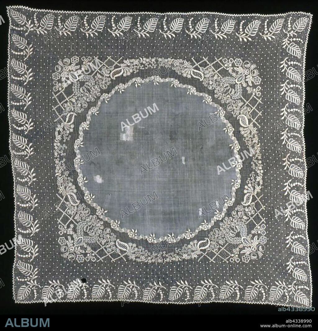 Handkerchief, c. 1840, Philippines, Philippines, Pineapple fiber, plain weave (pina cloth), cut and drawnwork embroidered with silk and cotton in cross, darned squared, darned wheels, interlocking, satin, and single faggot stitches, embroidered with cotton in the back, buttonhole, padded satin, and twined double running stitches, 50.5 x 49.8 cm (19 7/8 x 19 5/8 in.).