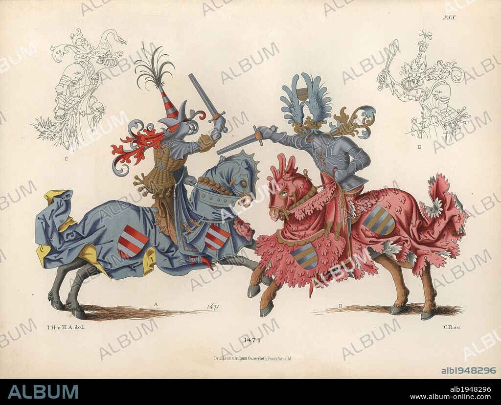 Tournament joust from 1471 from a pen and ink drawing in the collection of the Stadel'schen Instituts at Frankfurt. Two knights in plate armour and elaborate helmets fighting with short swords, mounted on horses in heraldic colours. In outline, two knights with maces. Chromolithograph from Hefner-Alteneck's "Costumes, Artworks and Appliances from the early Middle Ages to the end of the 18th Century," Frankfurt, 1883. IIlustration drawn by Hefner-Alteneck, lithographed by C. Regnier, and published by Heinrich Keller. Dr. Jakob Heinrich von Hefner-Alteneck (1811-1903) was a German archeologist, art historian and illustrator. He was director of the Bavarian National Museum from 1868 until 1886.
