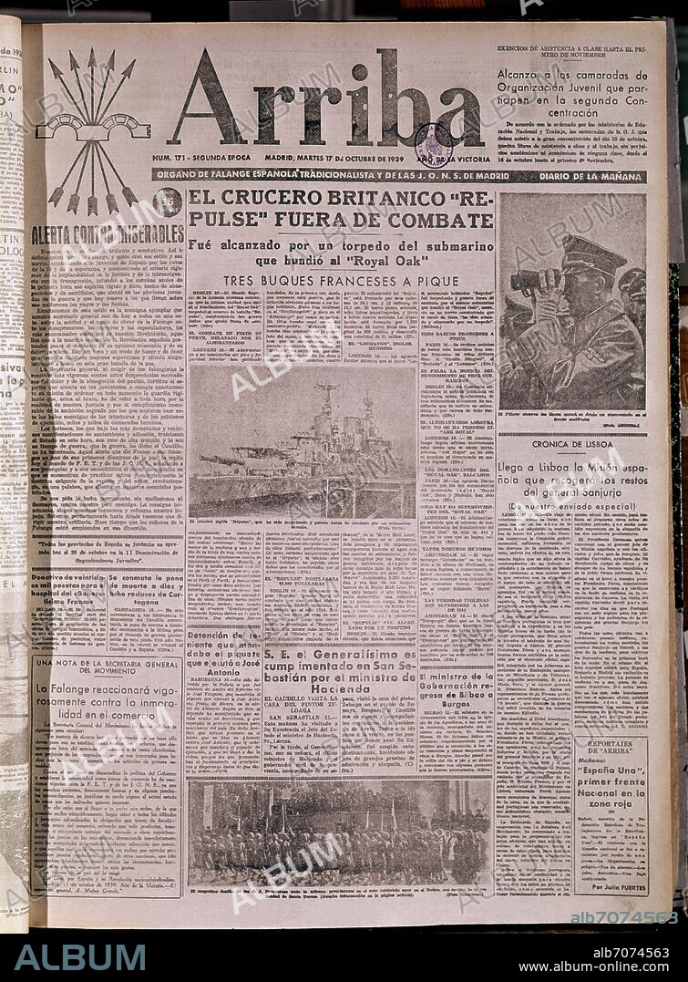 PERIODICO - ARRIBA - DE FALANGE ESPAÑOLA TRADICIONAL Y DE LAS JONS 17/10/1935 -  II GUERRA MUNDIAL.