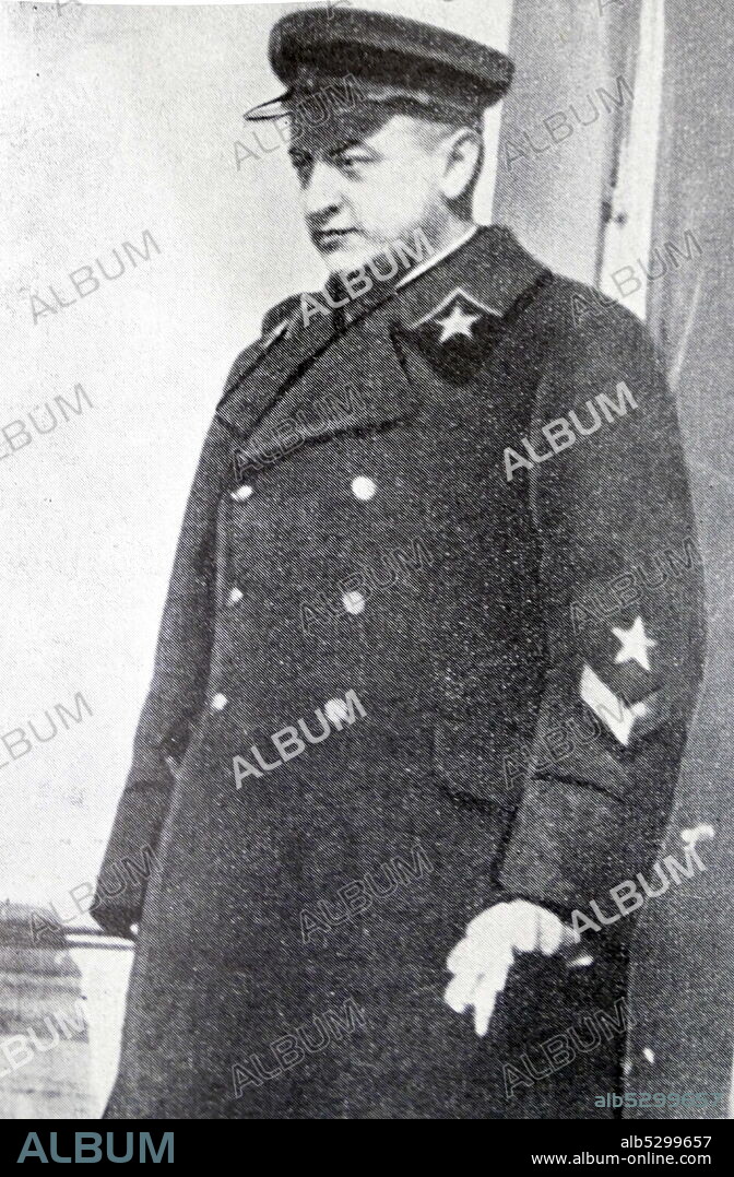 Black and white photo of Marshal Tukhachevsky of the USSAR after the signing of the Franco-Soviet Pact of Mutual Assistance, signed 2 May 1935. Mikhail Nikolayevich Tukhachevsky (1893 - 12 June 1937) nicknamed Red Napoleon by foreign newspapers, was a leading Soviet military leader and theoretician from 1918 to 1937.