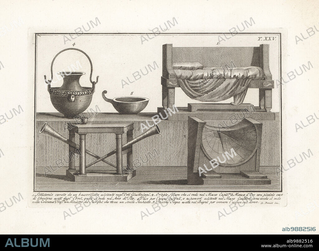 Feasting couch or lectisternium from a bas-relief in the Temple of Jupiter Gardens 1, sun dial in the Capitoline Museum 2, gold table with petiole libation vases used by the Hebrews from the Arch of Titus 3, lustral or purifying water jar from Trajan's Column 4, and small cup with handle used in the Roman baths 5. Copperplate engraving by Domenico Pronti from his own New Collection Representing Religious, Civil and Military Costumes of the Ancient Egyptians, Etruscans, Greeks and Romans, Nuova Raccolta Rappresentante I Costumi Religiosi Civili e Militari, Rome, 1805.