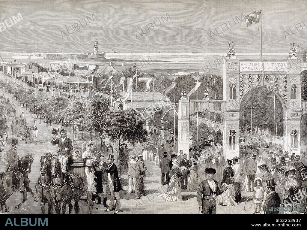 CADIZ. PASEO DE LAS DELICIAS DURANTE LA VELADA DE LOS ANGELES. GRABADO ILUSTRACION ESPAÑOLA Y AMERICANA ,AÑO 1882.