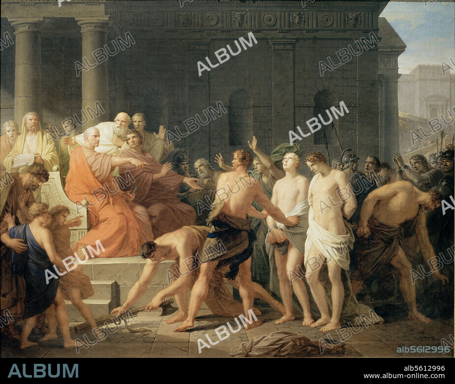 Brutus, Lucius Junius ; fondateur légendaire de la République romaine ; libéra Rome de la domination des Tarquiniens 509 av. J.-C. "Brutus condamnant ses fils à mort". (508 av. J.-C. ; pour avoir conspiré pour le rétablissement de la monarchie). Huile sur toile, 1799, de Heinrich Friedrich Füger (1751-1818). H. 0,88 ; L. 1,11. Stuttgart, Staatsgalerie.