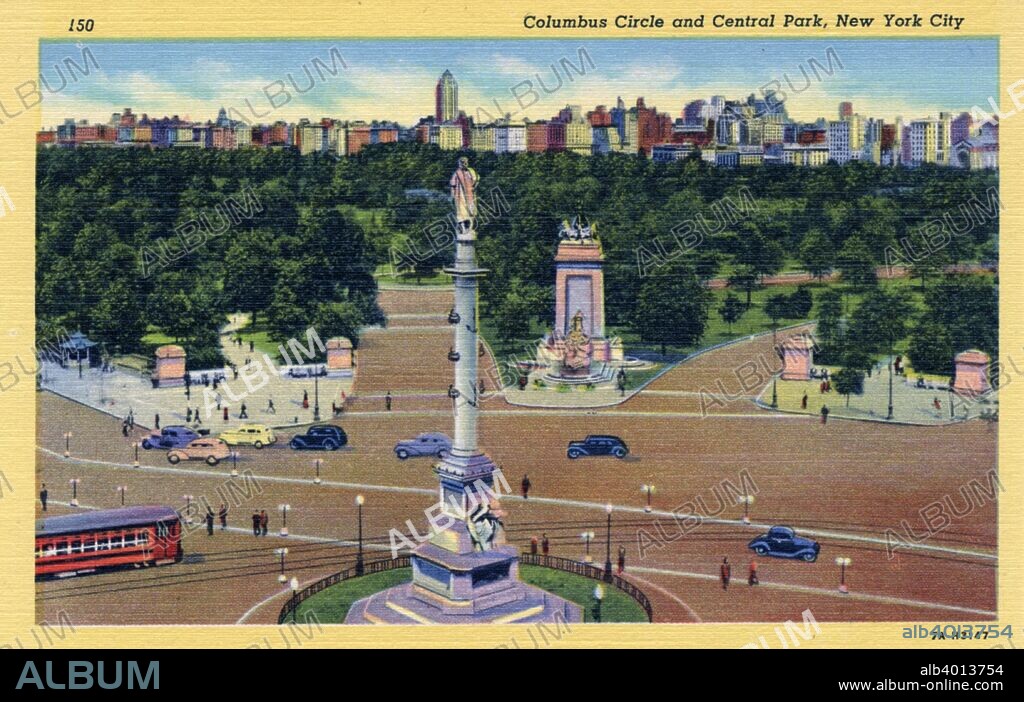 Columbus Circle and Central Park, New York City, New York, USA, 1937. Vintage linen postcard showing a bird's eye view of Columbus Circle with Central Park in the background and the New York skyline in the distance. Columbus Circle is a trafic circle laid out by William P Eno in 1905. At its centre is a monument designed by Italian sculptor Gaetano Russo which was erected in 1892 to commemorate the 400th anniversary of Christopher Columbus' discovery of America.