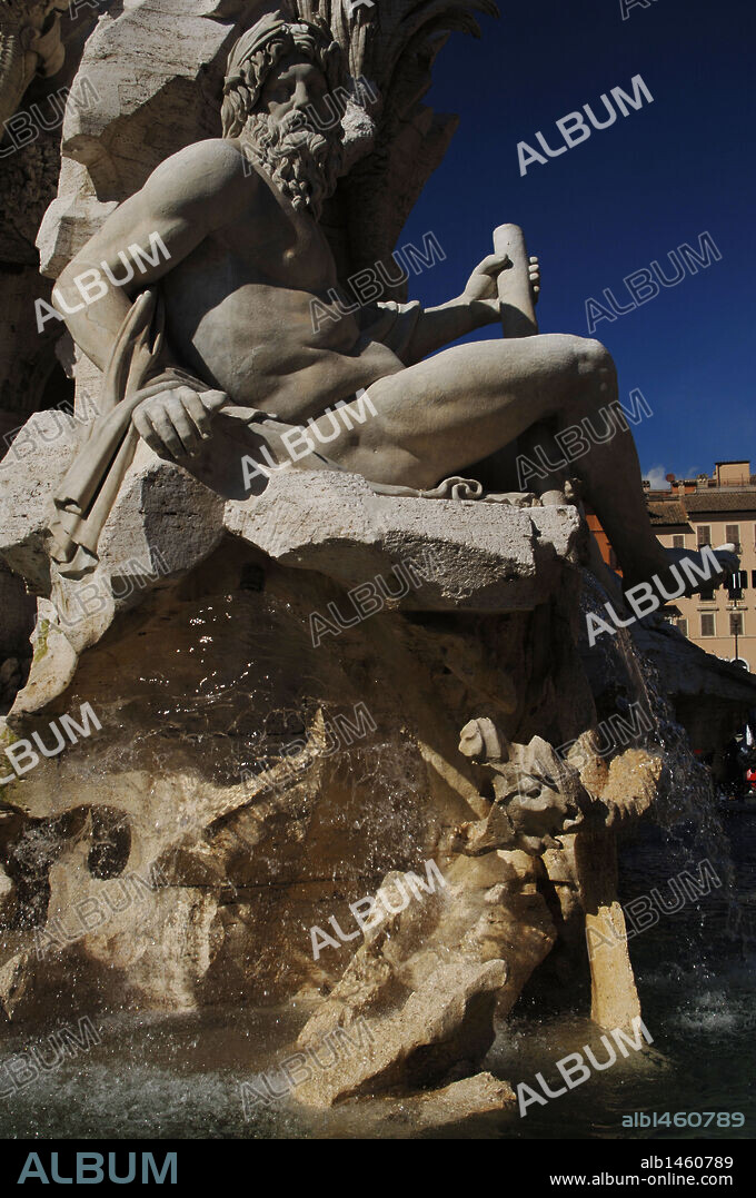 Italy. Rome. Fountain of Four Rivers, 1651, by Gian Lorenzo Bernini (1598-1680). Detail of river-god Ganges. Navona Square.
