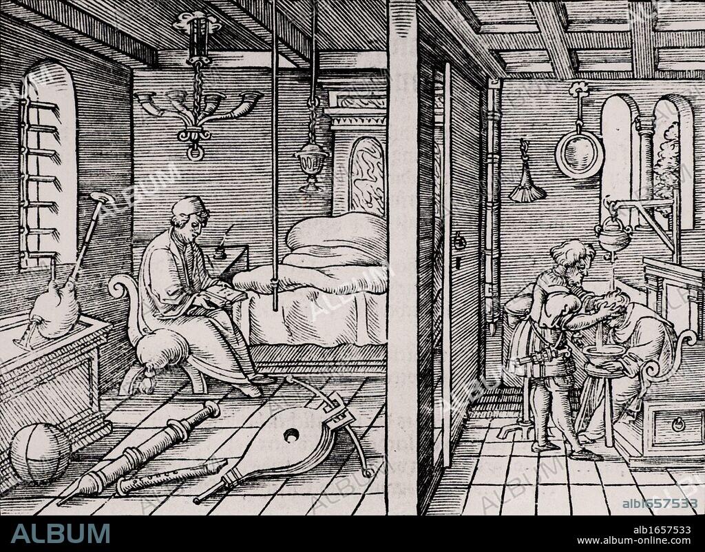 Ctesibius (Ktesibius) of Alexandria (285-222 BC), Ancient Greek mathematician and inventor who studied pneumatics. Woodcut. On the left Ctesibius sits in his room surrounded by objects he is studying, showing his interest in the sound produced by columns of air at different lengths.   On the right his father shampoos a client's hair while on the wall hangs his son's adjustable mirror. From "Architechtur .. Mathematischen .. Kunst"  by Gaultherius Rivius (Nuremberg, 1547). Woodcut.  . (Photo by: Universal History Archive/UIG via Getty Images).