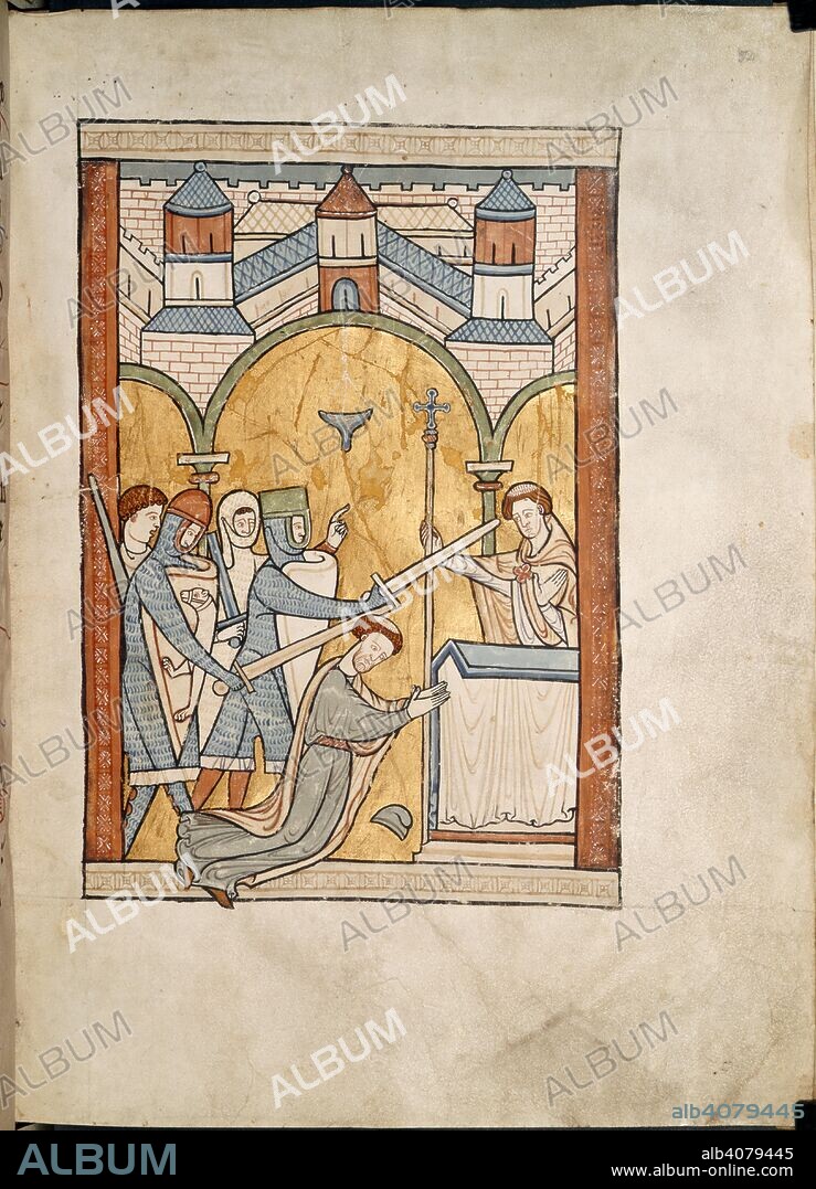 The martyrdom of Thomas Becket, Archbishop of Canterbury. Becket is killed by four knights led by Reginald Fitzurse, as he kneels at the altar. Psalter. England [East Midlands?]; circa 1220. Source: Harley 5102, f.32. Language: Latin.