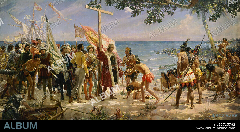 JOSE GARNELO Y ALDA (1866-1944). PRIMER HOMENAJE A COLON/12 OCTUBRE 1492/ AÑO 1892-300x600 cm O/L-ECLECTICISMO ESPAÑOL.