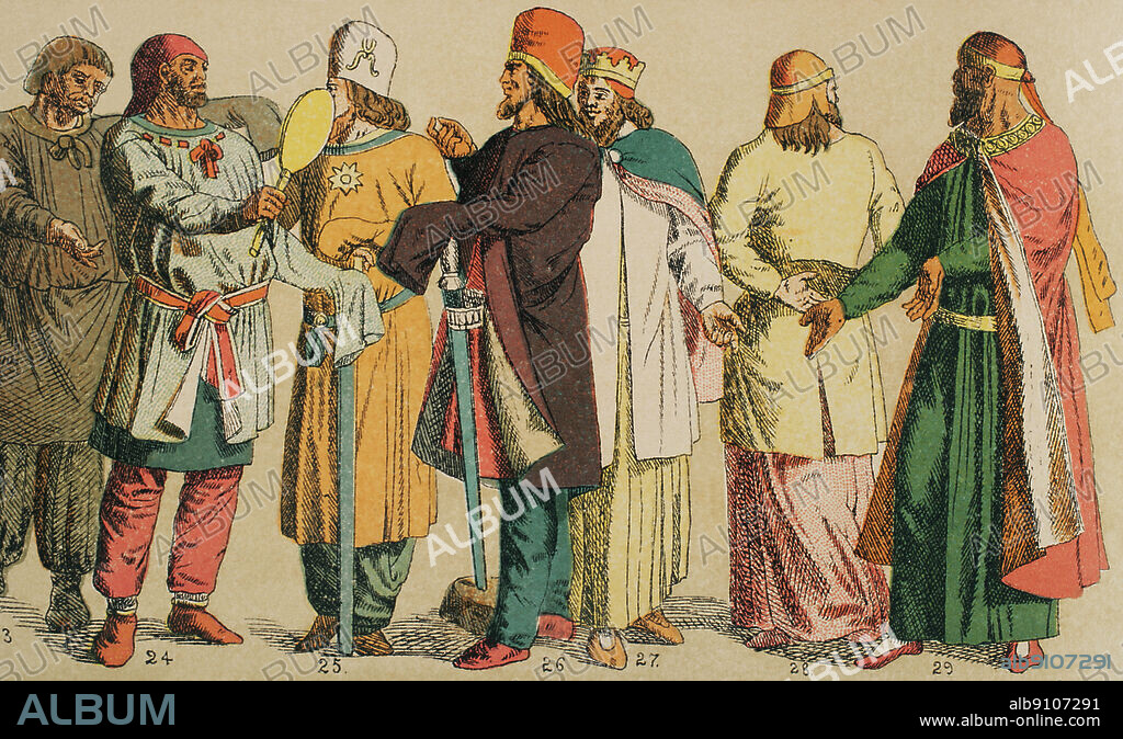 Near East. Parthians. From left to right; 23: Parthian of lower class, 24-25: higher class Parthians, 27-28-29: Parthian royal garment. Chromolithography. "Historia Universal" (Universal History), by Cesar Cantu. Volume I, 1881.