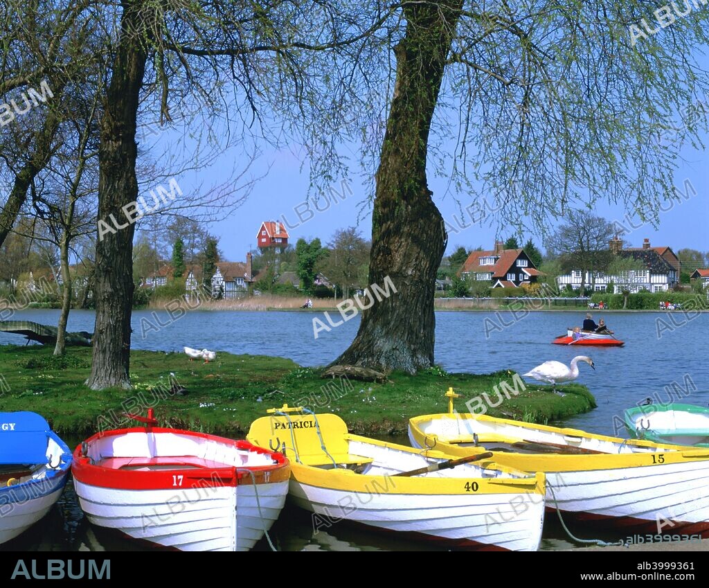 The Meare, Thorpeness, Suffolk. The Meare at Thorpeness is an artificial boating lake. It is the venue for the popular annual Thorpeness Regatta held in August. In the distance the House in the Clouds, a house converted from a water tower in 1923, can be seen.