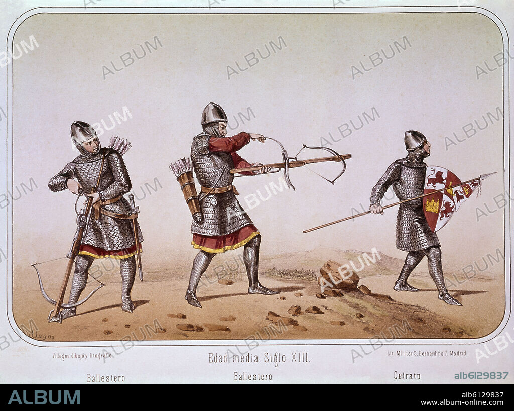 JOSE RUBIO DE VILLEGAS. Crossbowmen and soldier with a spear in the 13th century. Madrid, Military historical archives.