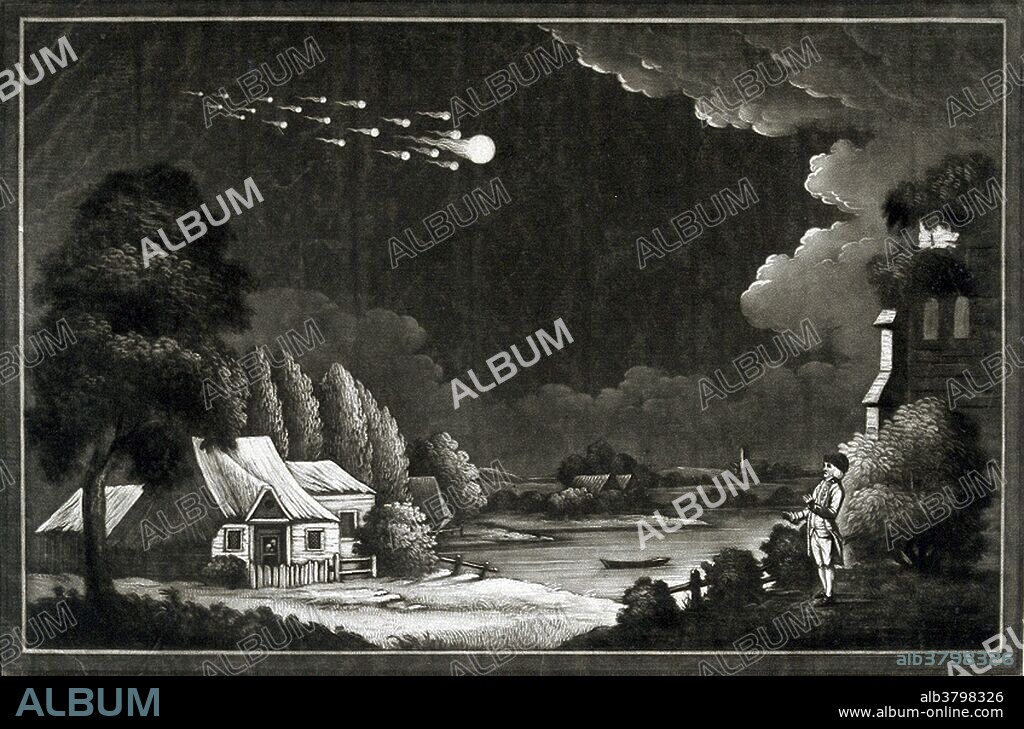 A meteor shower in the night sky. Mezzotint, August 18, 1783. As astronomers began to explore the physical nature of comets, they found that meteors came from dust left by comets. A meteor shower is a celestial event in which a number of meteors are observed to radiate, or originate, from one point in the night sky. These meteors are caused by streams of cosmic debris called meteoroids entering Earth's atmosphere at extremely high speeds on parallel trajectories. Most meteors are smaller than a grain of sand, so almost all of them disintegrate and never hit the Earth's surface.