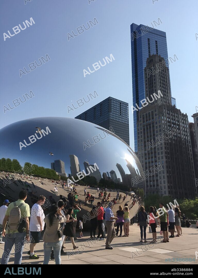View of the Cloud Gate sculpture located within the AT&T Plaza at Millennium Park created by Anish Kapoor (1954-) a British sculptor. Dated 21st Century.