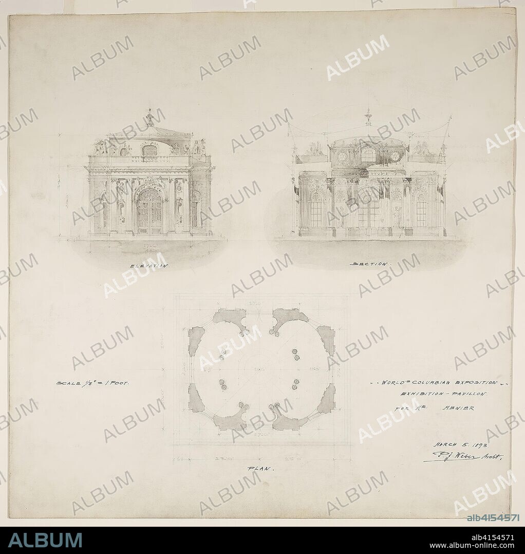 PETER JOSEPH WEBER. World's Colombian Exposition Chocolate-Menier Pavilion, Chicago, Illinois, Plan, Elevation, and Section. Peter J. Weber; American, born Germany, 1863-1923. Date: 1893. Dimensions: 54 × 53.5 cm (21 1/4 × 21 1/16 in.). Graphite and wash with ink lettering on illustration board. Origin: Chicago.