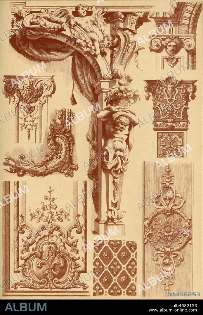 Plaster ornaments, France, 17th and 18th centuries, (1898). 'Fig 1: Panel decorations at door and window niches in the throne room of the Castle at Fontainebleau, style of Louis XIV [c1643-1715]. Fig 2: Projecting plane pattern in the panels of door and window niches in the queen's bed-chamber in the same Castle, style of Louis XIV. Fig 3: Wood carving from a wainscot in the Chateau de Bercy, style of Louis XIV. Fig 4: Capital of a mirror in the state-room of the Hotel de Lauzun at Paris, style of Louis XIV. Fig 5: Capital designed by the German Master Paul Decker, style of Louis XIV. Fig 6: Capital in the Salle des Medallions of the Palace of Versailles, style of Louis XV [c1715-1774]. Fig 7: Corner of a mirror frame in the queen's bed chamber at Versailles, style of Louis XV). Fig 8: Piece of architecture in the style of Louis XV. (After A. Rosis, 1753). Plate 82 from "The Historic Styles of Ornament" translated from the German of H. Dolmetsch. [B.T. Batford, London, 1898].
