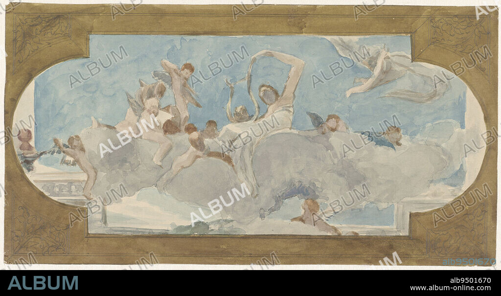 Ceiling painting with figures sitting on clouds, draughtsman: Wilhelm Cornelis Bauer, 1872 - 1904, paper, brush, h 152 mm × w 288 mm.