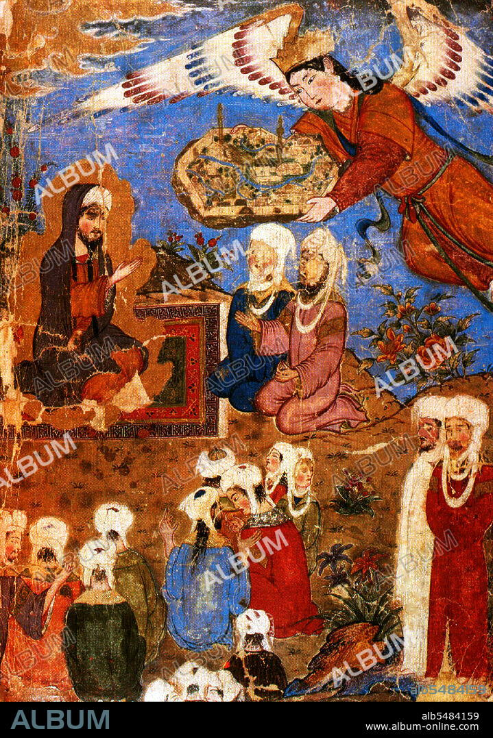 A scene from the Isra and Mi'raj, the two parts of a Night Journey that, according to Islamic tradition, the Islamic prophet Muhammad took during a single night around the year 621. It has been described as both a physical and spiritual journey. A brief sketch of the story is in sura (chapter) 17 Al-Isra of the Qur'an, and other details come from the Hadith, supplemental writings about the life of Muhammad. In the journey, Muhammad travels on the steed Buraq to 'the farthest mosque' where he leads other prophets in prayer. He then ascends to heaven where he speaks to God, who gives Muhammad instructions to take back to the faithful on Earth about the number of times to offer prayers each day.