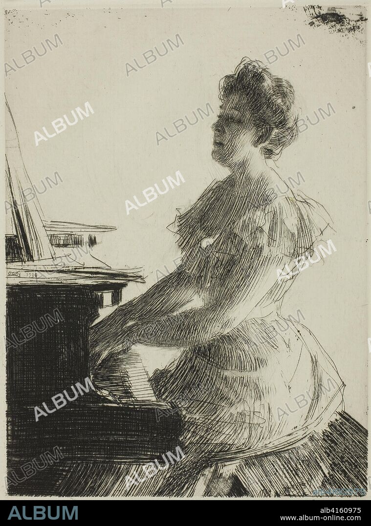 At the Piano. Anders Zorn; Swedish, 1860-1920. Date: 1900. Dimensions: 200 x 150 mm (image/plate); 404 x 302 mm (sheet). Etching on ivory laid paper. Origin: Sweden.