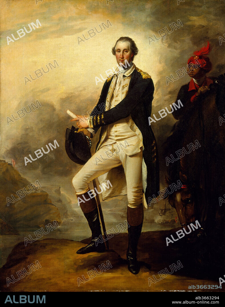 George Washington. Artist: John Trumbull (American, Lebanon, Connecticut 1756-1843 New York). Dimensions: 36 x 28 in. (91.4 x 71.1 cm). Date: 1780.
In this portrait, George Washington (1732-1799) is shown standing on a bluff above the Hudson River with his enslaved personal servant, Billy Lee, on horseback behind him. The view across the river encompasses West Point, New York, with a red-and-white banner, possibly the Navy ensign adopted in 1775, flying atop the fortress. Trumbull had served on Washington's staff as an aide-de-camp early in the Revolutionary War. He painted this portrait from memory about five years later, when he was studying in London. It was the first authoritative representation of Washington available in Europe and was soon copied throughout the Continent.