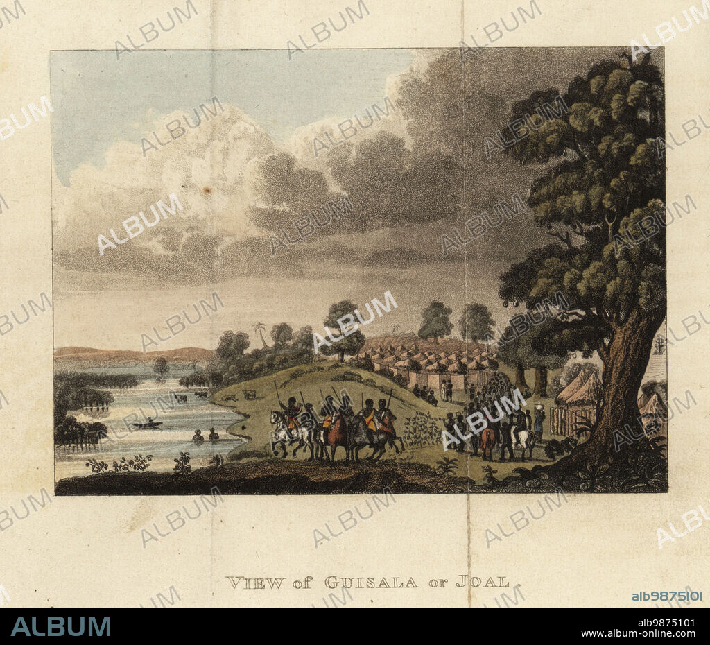 Slave raid on the town of Joal, Kingdom of Sine, Wolof Empire, Senegal, 18th century. Every weekend the Bour-Sine, or King of Sine, sent out troops to sell his own Serer people to French slave traders. View of Guioala or Joal. After Rene Claude Geoffroy de Villeneuves LAfrique, Paris, 1814. Handcoloured stipple copperplate engraving from Frederic Shoberls The World in Miniature: Africa, A description of the manners and customs Moors of the Sahara and of the Negro Nations, R. Ackermann, England, 1821.