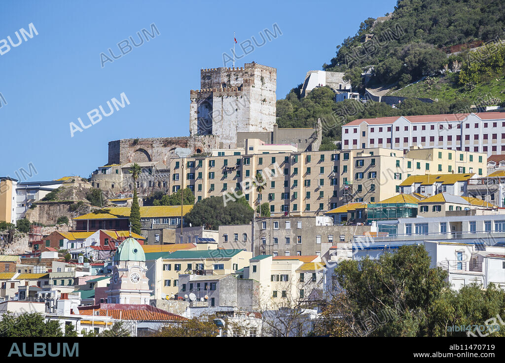 View of city center and Moorish castle, Gibraltar, Mediterranean, Europe.