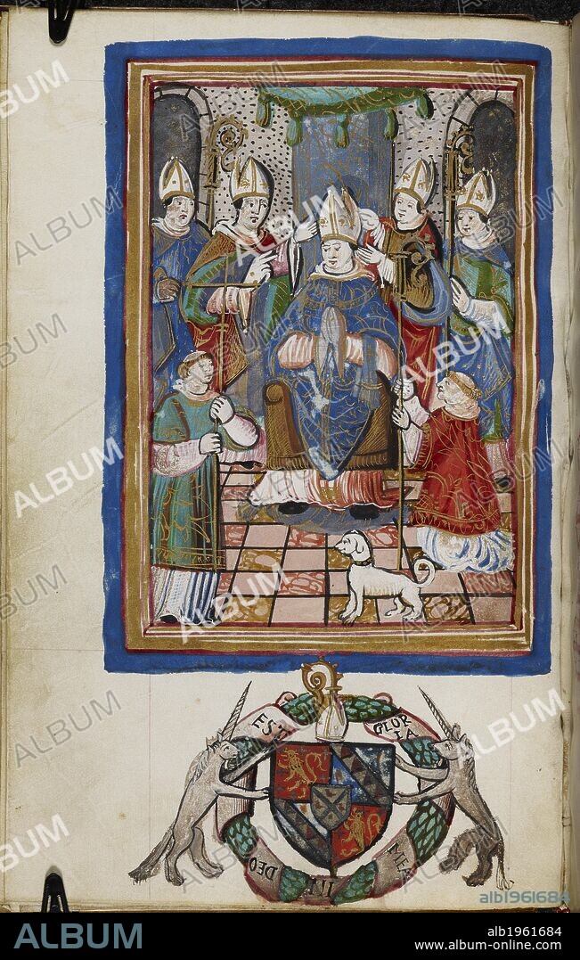 The consecration or entrhonement of a bishop from Consecratio episcopi. Consecratio episcopi. France, or England. Consecratio episcopi; 1st half of the 16th century<br> Miniature of the consecration of a bishop (f. 1v). Source: Harley 2938 f.1v. Language: Latin.