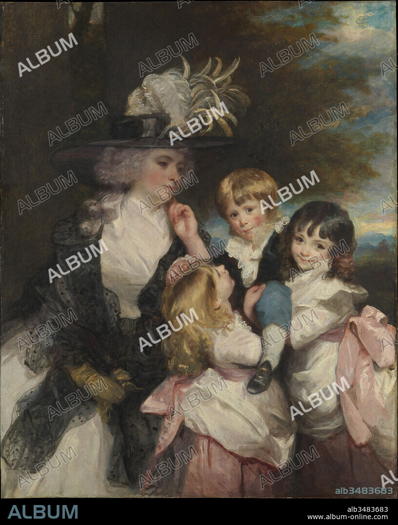 Lady Smith (Charlotte Delaval) and Her Children (George Henry, Louisa, and Charlotte), 1787, Oil on canvas, 55 3/8 x 44 1/8 in. (140.7 x 112.1 cm), Paintings, Sir Joshua Reynolds (British, Plympton 1723–1792 London), Charlotte, the daughter of Sir Francis Blake Delaval, married in 1776 Sir Robert Smith, Member of Parliament for Colchester. Their children are George Henry, Louisa, and Charlotte. Payments for this fashionable family portrait are recorded in March and May of 1787, and it was a popular exhibit at the Royal Academy the same year.