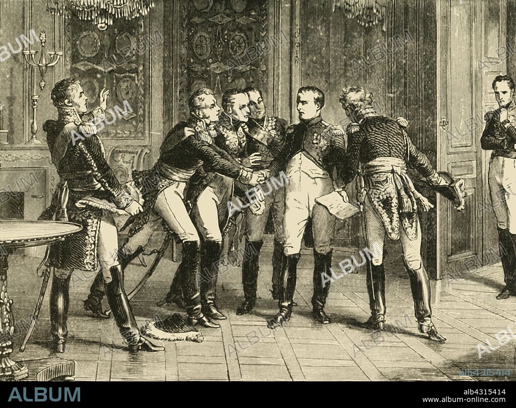 'Abdication of Napoleon Bonaparte', (1815), 1890. On 6 April 1814 at Fontainebleau and after defeat at the Battle of Waterloo, Napoleon was forced to abdicate. From "Cassell's Illustrated Universal History, Vol. IV - Modern History", by Edmund Ollier. [Cassell and Company, Limited, London, Paris and Melbourne, 1890].